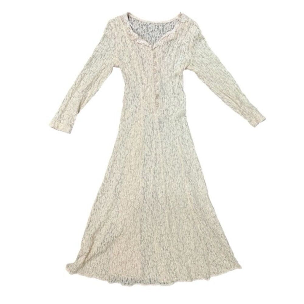 Vintage Lace Midi Dress Corset Back Long Sleeve Cottagecore Sheer Romantic XS/S